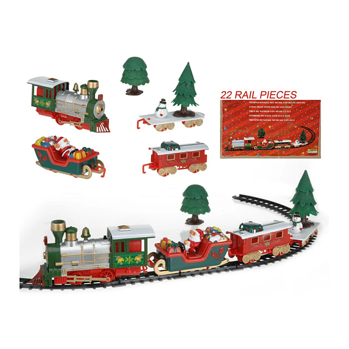Close-up of Christmas train set showing detailed locomotive engine and brightly coloured carriages.