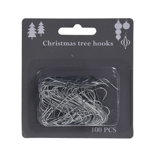 Close-up of individual Christmas tree hooks showing sturdy metal construction and curved design.