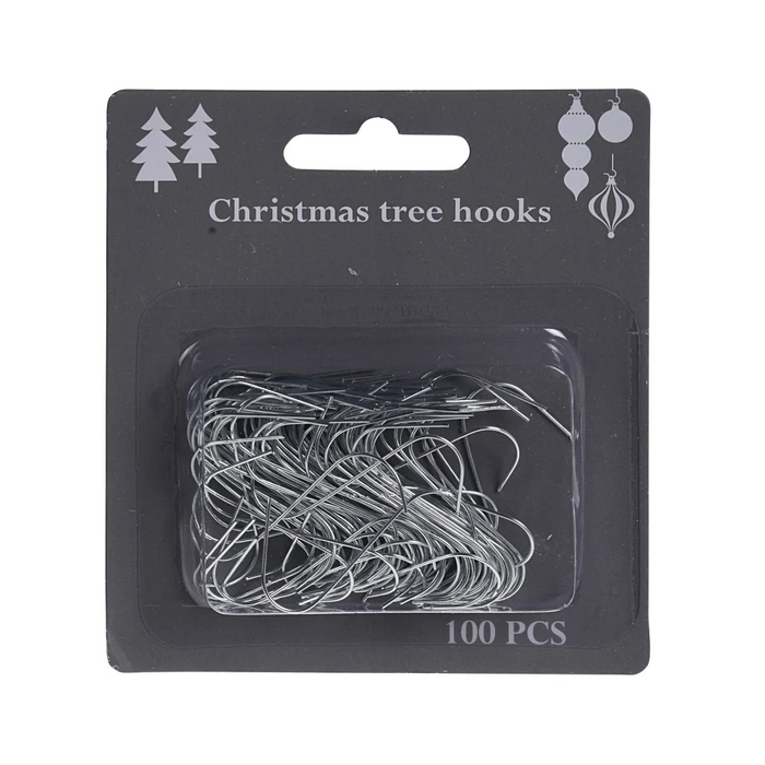 Close-up of individual Christmas tree hooks showing sturdy metal construction and curved design.