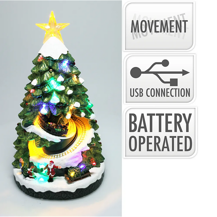 Close-up of Christmas Village Tree showing detailed moving train, miniature village, and glowing LED lights.