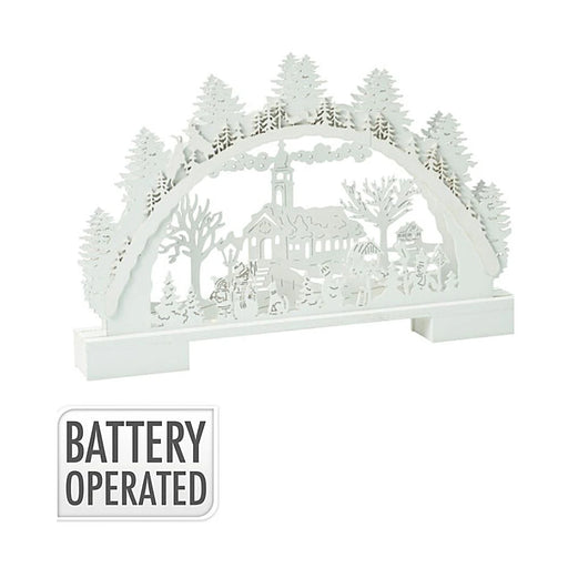 Close-up of Church Christmas scenery showing intricate details and warm glowing LEDs.