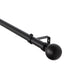 Classic black metal extendable curtain pole with ball caged finials, wall brackets and curtain rings laid out for installation