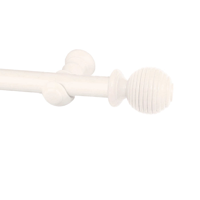Classic white wooden curtain pole 180 cm with ball finials, wall brackets and curtain rings laid out for installation