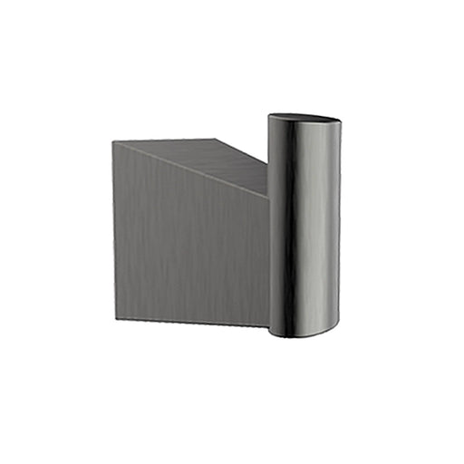 Close-up of Corfu Gun Metal Single Robe Hook showing brushed finish and compact design.