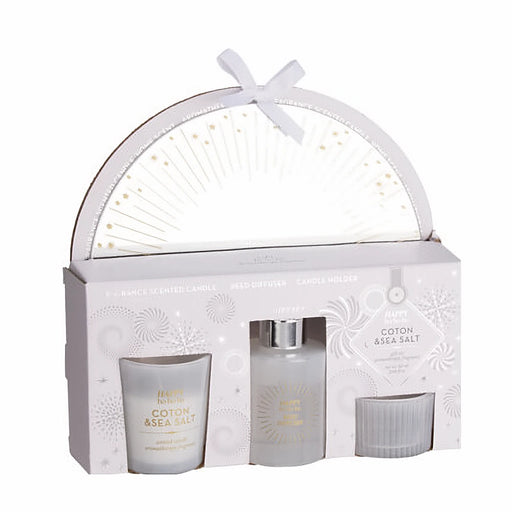 Close-up of Cotton & Seasalt Aroma Gift Set showing glass diffuser, candle, and minimalist design details.