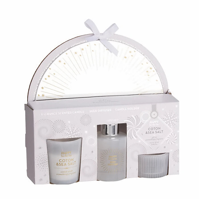 Close-up of Cotton & Seasalt Aroma Gift Set showing glass diffuser, candle, and minimalist design details.