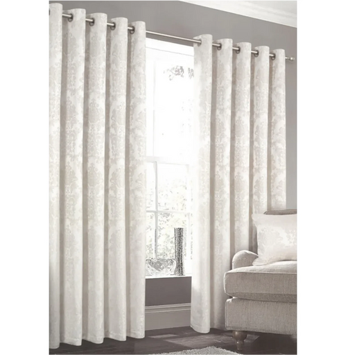 Damascus Beige blackout eyelet curtains featuring a classic woven damask pattern