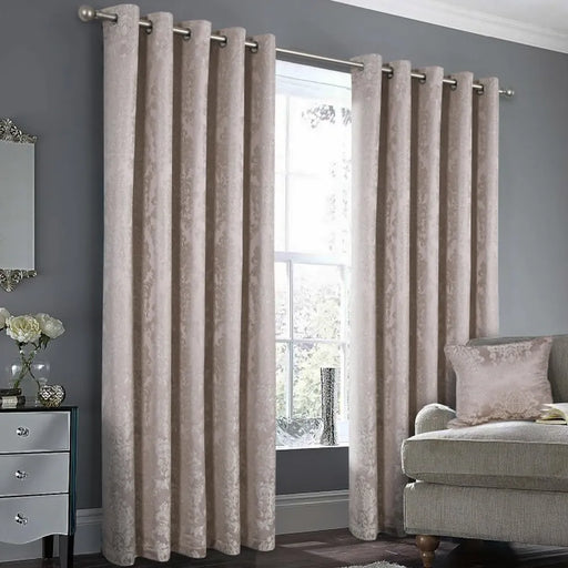 Damascus Taupe eyelet curtains with blackout lining and timeless jacquard detailing