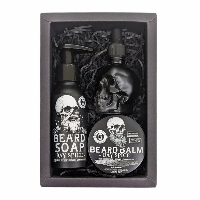 Dr K Beard Care System Bay Spice Motley Krew gift set handmade in Cork Ireland with beard soap, beard tonic and beard balm in a presentation box
