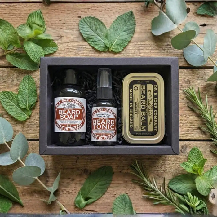 Dr K Beard Care System Cool Mint gift set handmade in Cork Ireland with beard soap, beard tonic and beard balm in a black box