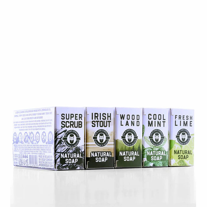 Dr K Body Soap Collection gift set with five 110 g natural body soap bars in recyclable cardboard packaging handmade in Cork Ireland