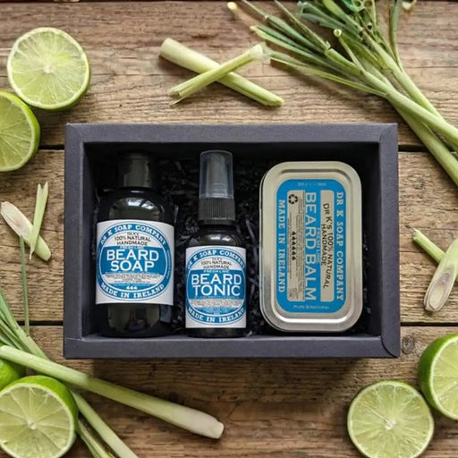 Dr K Beard Care System Fresh Lime handmade in Cork Ireland featuring lime scented beard soap, tonic and balm in a black gift box