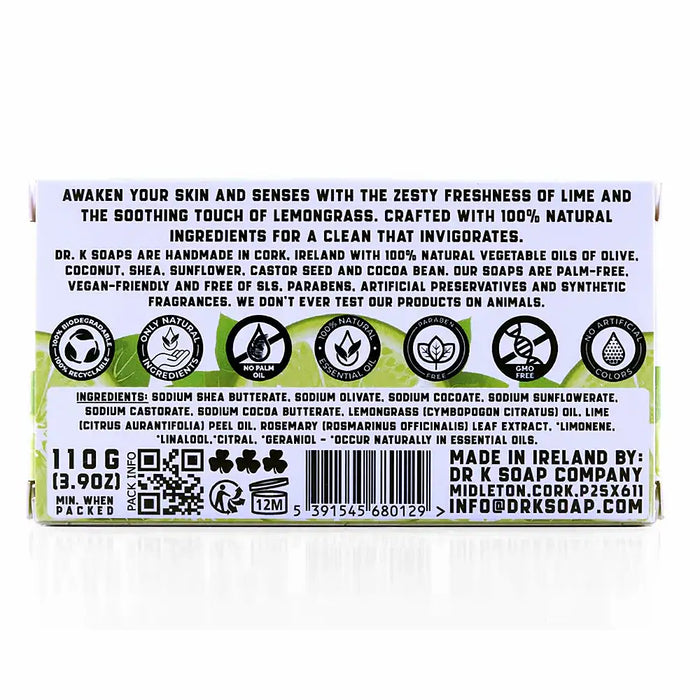 Dr K Fresh Lime natural body soap bar 110 g in recyclable cardboard packaging handmade in Cork Ireland