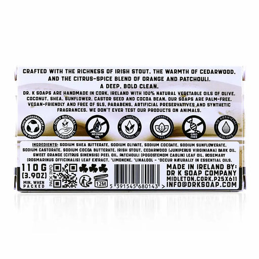 Dr K Irish Stout natural body soap bar 110 g in recyclable cardboard packaging handmade in Cork Ireland