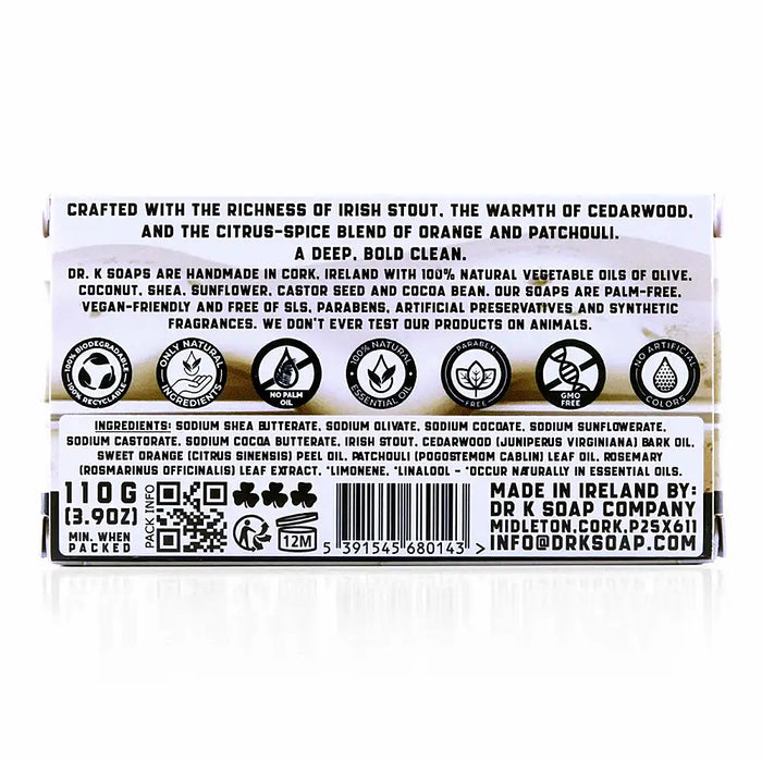 Dr K Irish Stout natural body soap bar 110 g in recyclable cardboard packaging handmade in Cork Ireland