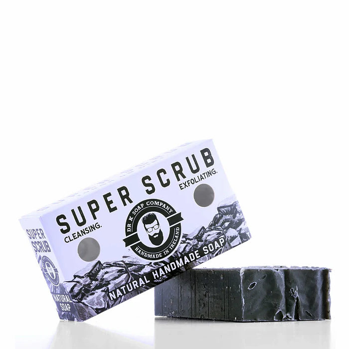 Dr K Super Scrub natural exfoliating body soap bar 110 g in recyclable cardboard packaging handmade in Cork Ireland