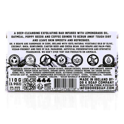 Dr K Super Scrub natural exfoliating body soap bar 110 g in recyclable cardboard packaging handmade in Cork Ireland