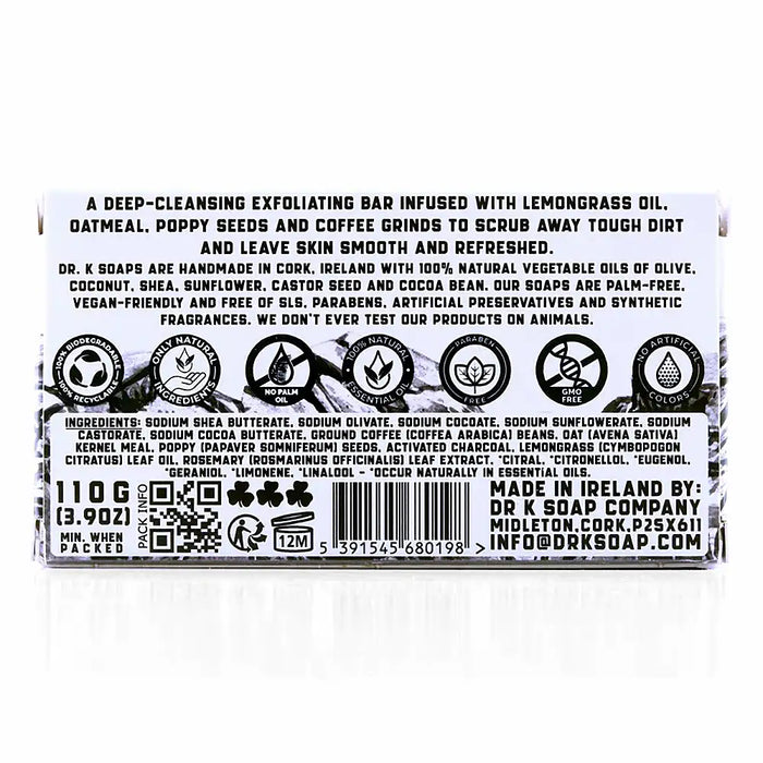 Dr K Super Scrub natural exfoliating body soap bar 110 g in recyclable cardboard packaging handmade in Cork Ireland