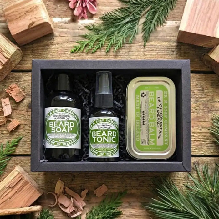 Dr K Beard Care System Woodland handmade in Cork Ireland with cedarwood and pine beard soap, beard tonic and beard balm in black box