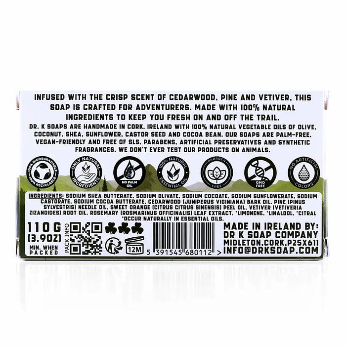 Dr K Woodland natural body soap bar 110 g in recyclable cardboard packaging handmade in Cork Ireland