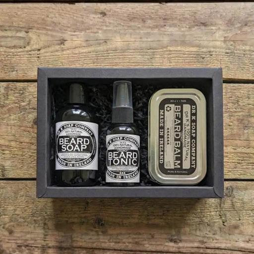 Dr K Beard Care System Zero fragrance free beard care set handmade in Cork Ireland with unscented beard soap, tonic and balm in black gift box