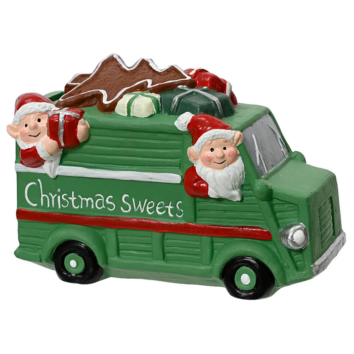 Elves in a terracotta delivery truck-designed moneybank