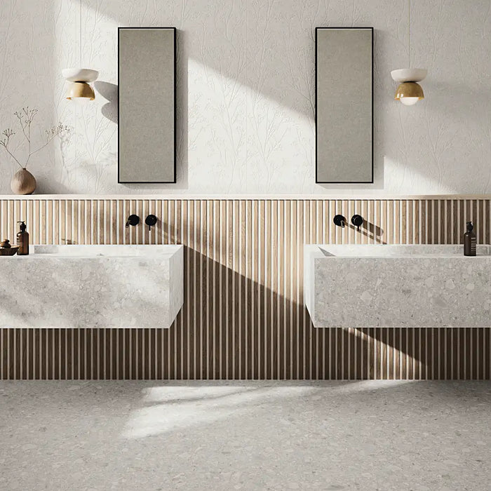 Minimalist interior with Eternal White large-format tiles, creating a bright, open, and elegant floor finish.