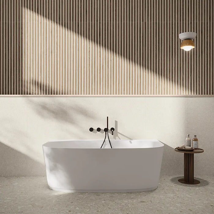 Minimalist interior with Eternal White large-format tiles, creating a bright, open, and elegant floor finish.