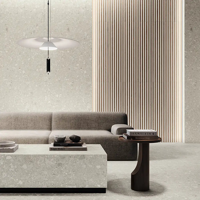 Minimalist interior with Eternal White large-format tiles, creating a bright, open, and elegant floor finish.