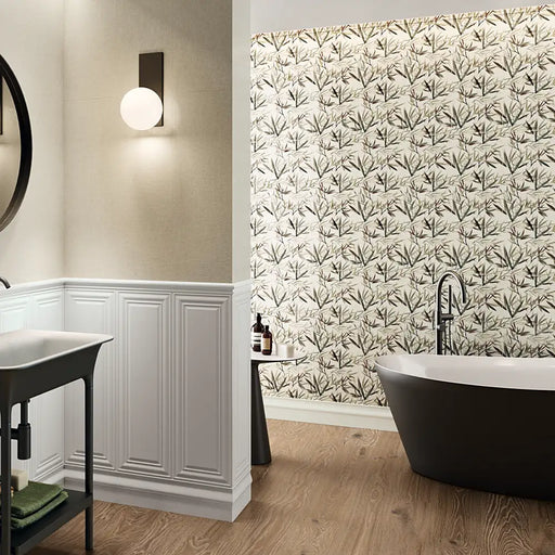 A modern bathroom wall finished with Fables Blois Beige rectified porcelain tiles, creating a seamless warm beige backdrop.