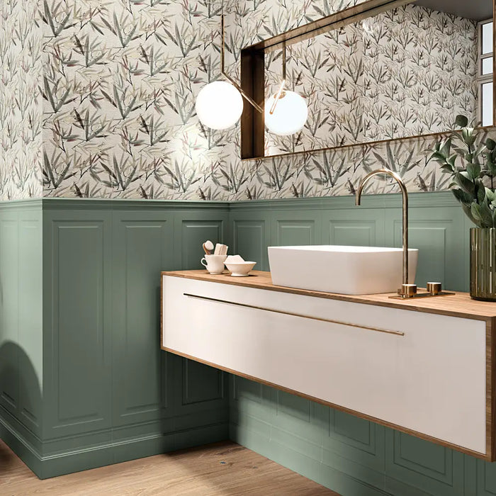 A modern bathroom wall finished with Fables Blois Beige rectified porcelain tiles, creating a seamless warm beige backdrop.