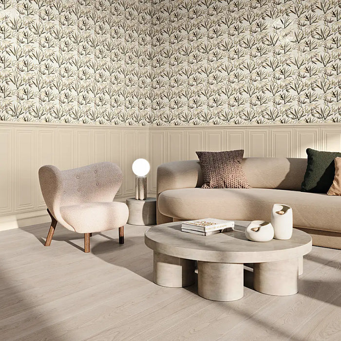 A modern living room wall finished with Fables Blois Beige rectified porcelain tiles, creating a seamless warm beige backdrop.