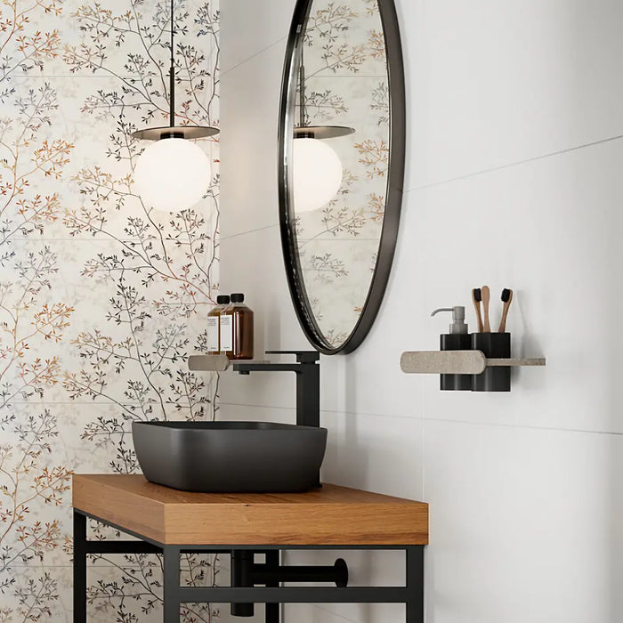 Bathroom wall finished with Flandes Blanco tiles in a smooth natural white tone.