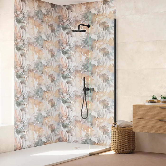 Spa-inspired bathroom wall tiled with Flandes Calm in a soft natural finish.