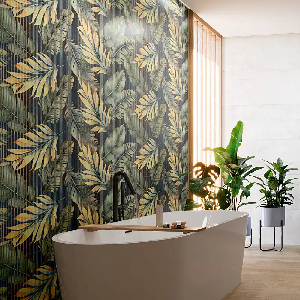 Bathroom feature wall styled with Flandes Vital tiles in a soft textured finish.