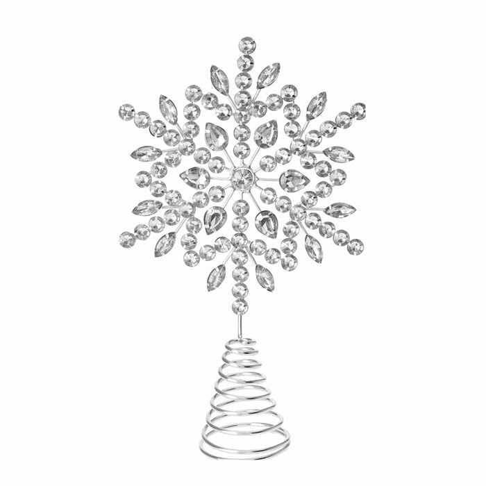 Close-up of floral silver rhinestone tree topper highlighting the petal-like design and glittering stones.