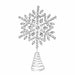 Close-up of floral silver rhinestone tree topper highlighting the petal-like design and glittering stones.