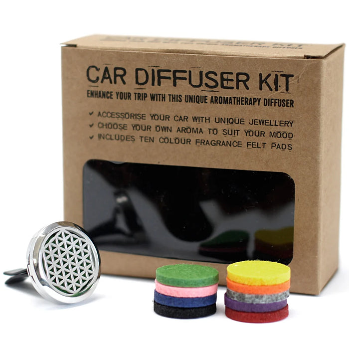 Flower of Life 30mm stainless steel car diffuser kit with vent clip and coloured reusable felt pads