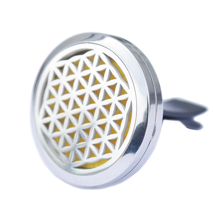 Flower of Life 30mm stainless steel car diffuser kit with vent clip and coloured reusable felt pads