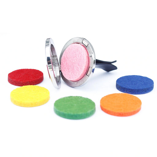 Flower of Life 30mm stainless steel car diffuser kit with vent clip and coloured reusable felt pads