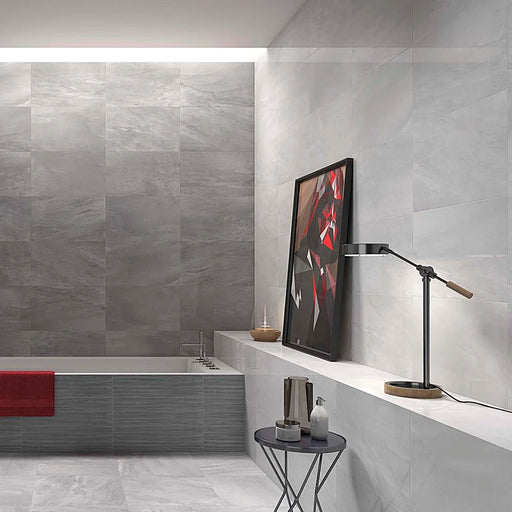 Modern bathroom featuring Fred Perla wall tiles, adding a calm and elegant atmosphere.