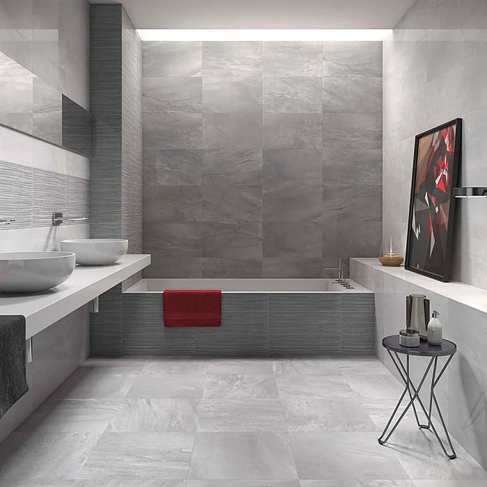 Contemporary interior with Fred Perla 45x45 ceramic gloss tiles reflecting natural light for a bright and airy feel.