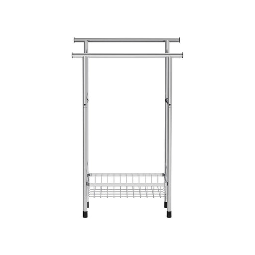 Free standing chrome towel rail with modern minimalist design in a bathroom
