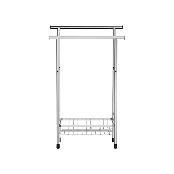 Free standing chrome towel rail with modern minimalist design in a bathroom