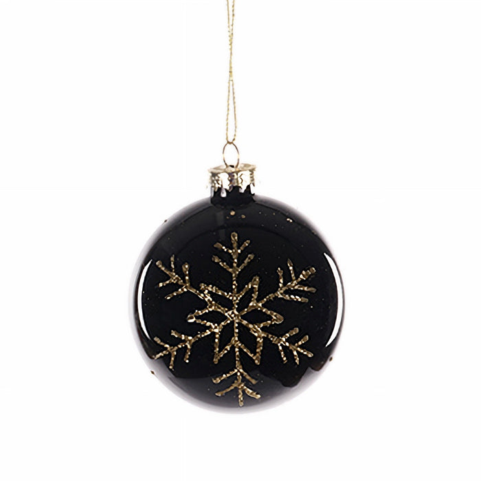 Glass Black Bauble With Gold Snowflake