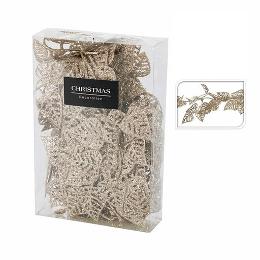 Close-up of Gold Glitter Large Leaf Garland showing detailed glittered leaves and festive texture.