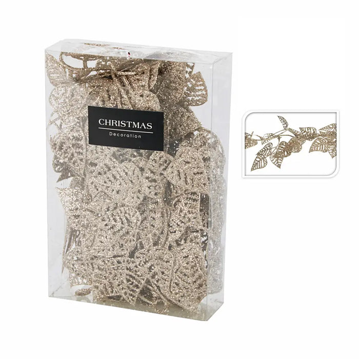 Close-up of Gold Glitter Large Leaf Garland showing detailed glittered leaves and festive texture.