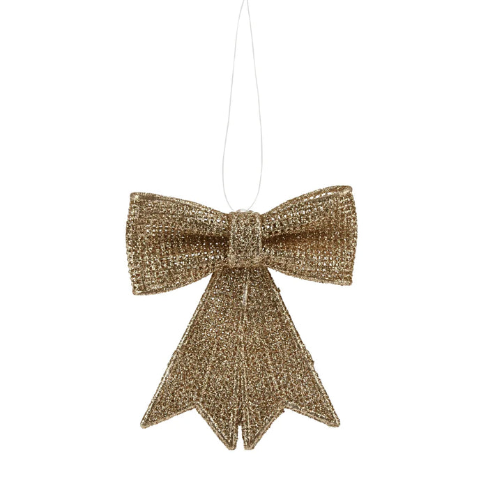Close-up of Gold Hanging Glitter Bow showing glittery texture and detailed bow shape.