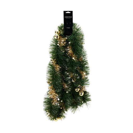 Close-up of gold tinsel garland showing shiny metallic strands and festive shimmer.