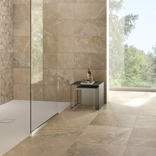 Elegant living space featuring Golden Age Beige Porcelain tiles, showcasing warm beige tones with golden and brown marble veining.